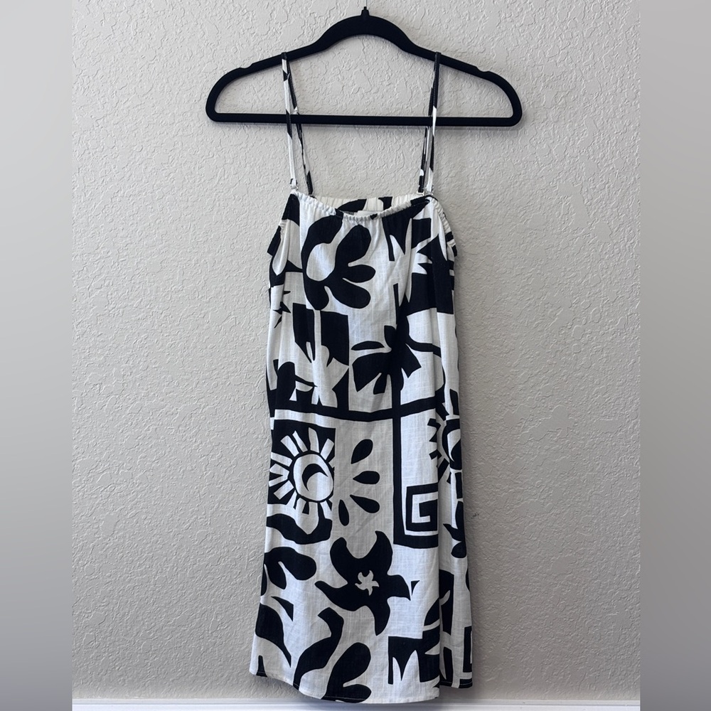 005-Paper Heart Dress Womens Large Black White Abstract Linen Slip Summer Resort